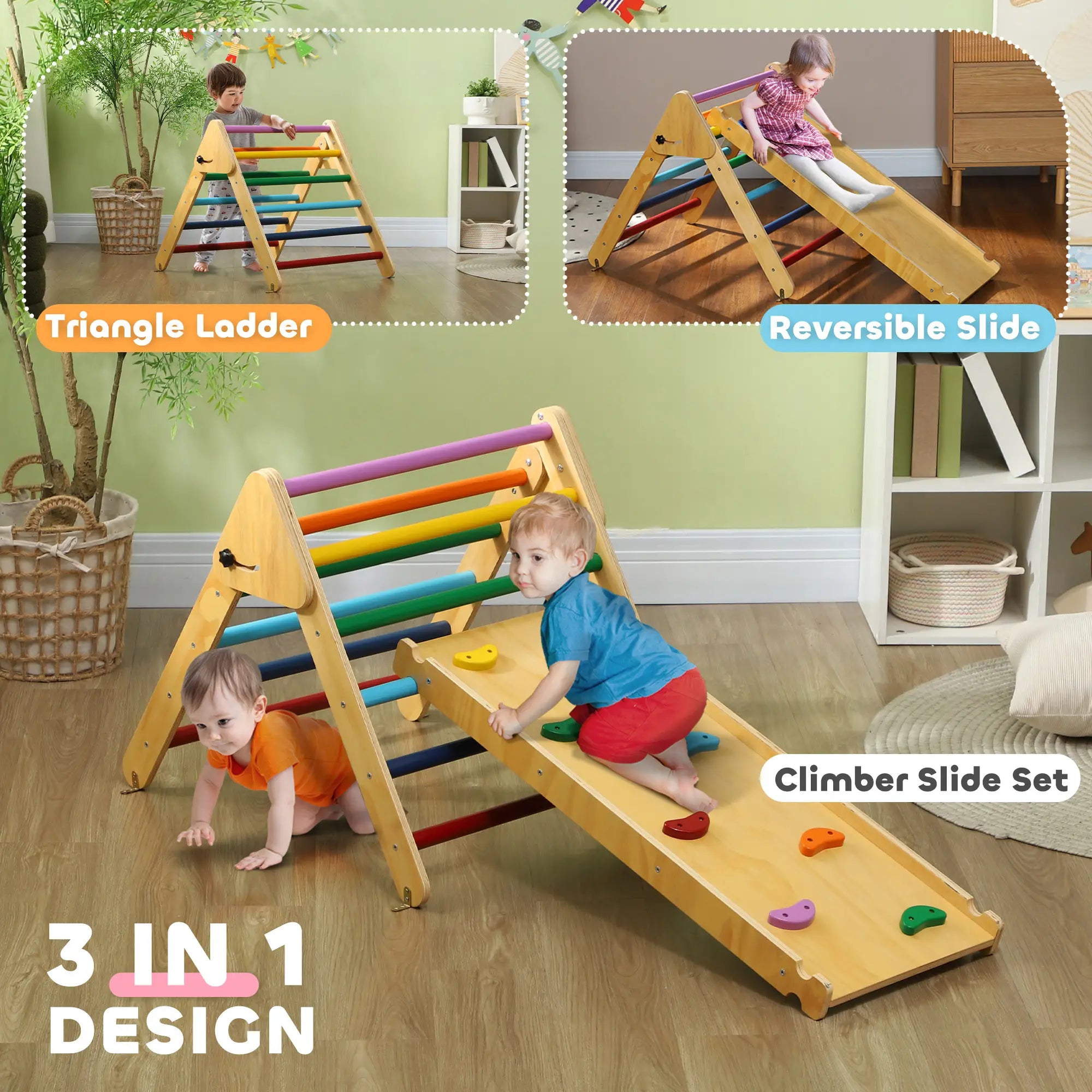 Toddler Climbing Frame for Kids with Ramp, 3 in 1 Wooden Pikler Triangle Set