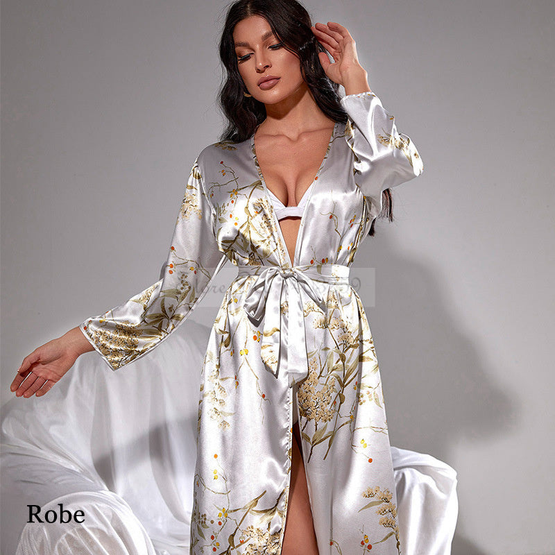 Elegant Print Flower 4PCS Pajamas Set Women Casual Silky Gown