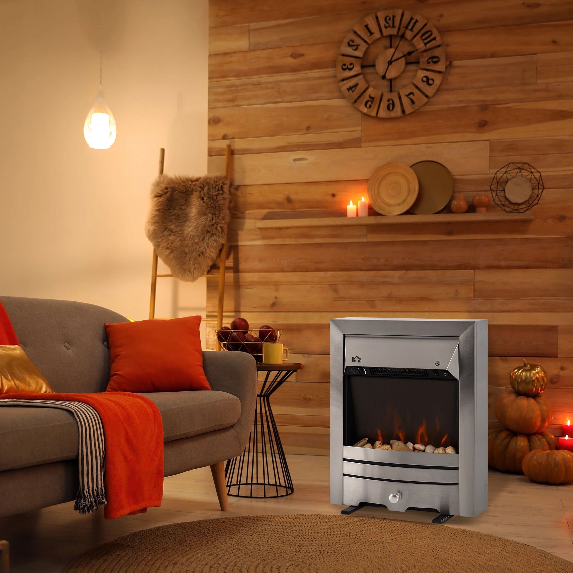 2KW Stainless Steel Electric Fireplace Pebble Burning Effect Heater