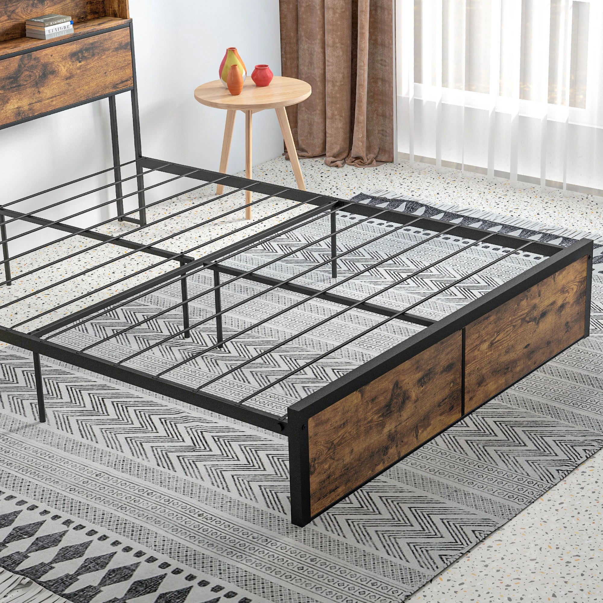 Bed Frame, 5.2FT Steel Bed Base with Storage Headboard, Footboard, Slatted Support and Under Bed Storage