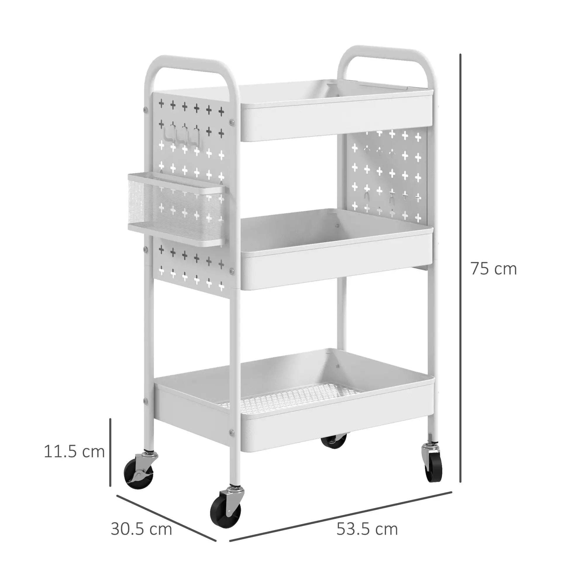 Storage Trolley on Wheels, Rolling Utility Serving Cart with 3 Mesh Baskets, 2 Hanging Boxes and 6 Hooks