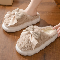 Winter Warm Fur Slippers Cute bow House Non Slip Soft Shoes Comfort Flat Slippers