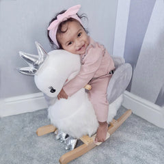 Kids Children Rocking Swan Plush Ride On Swan w/ Sound Wood Base Seat Safety Belt Toddler Baby Toy