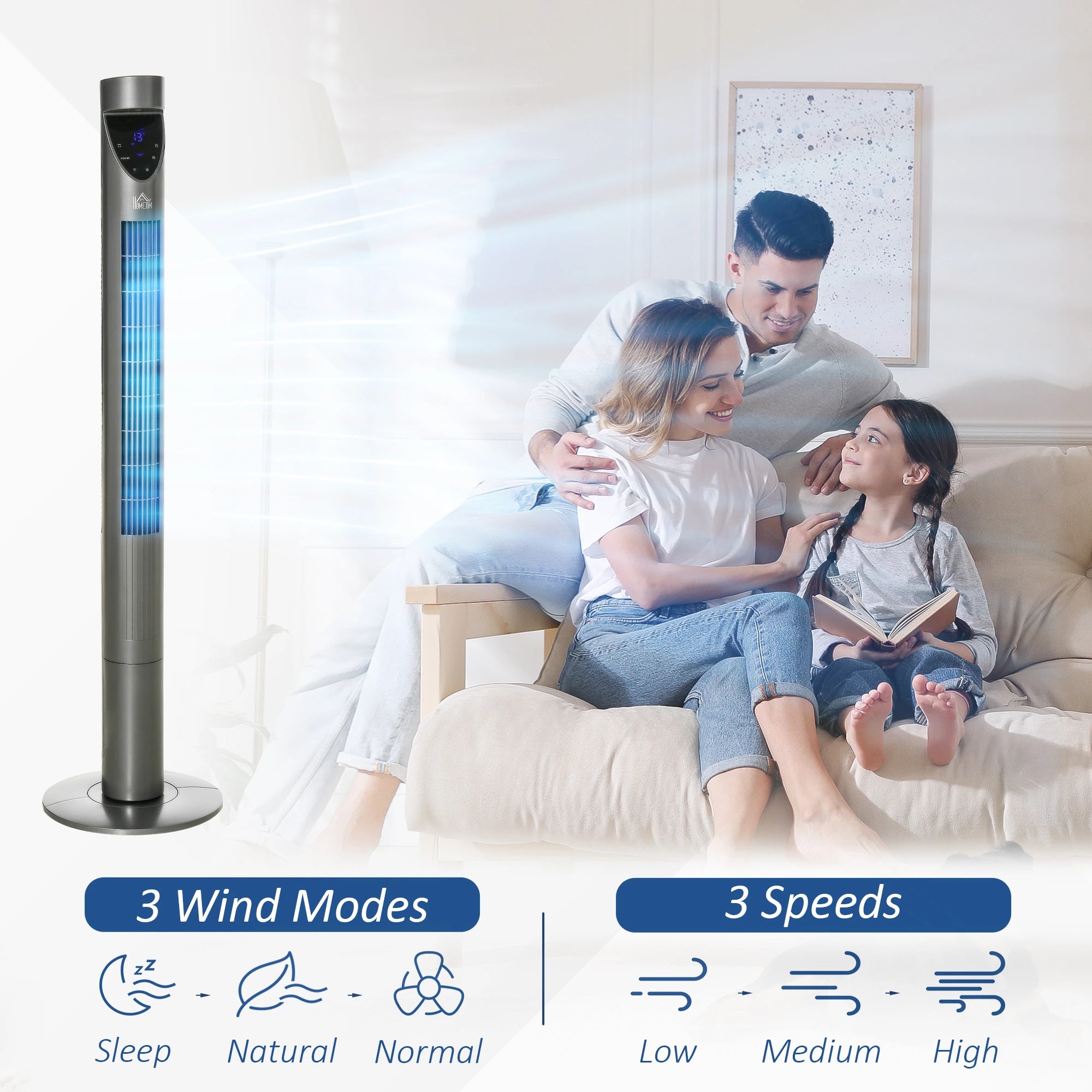 Tower Fan Cooling with Ionizer, Air Filter, Oscillating, 3 Modes, 12h Timer, Remote Controller