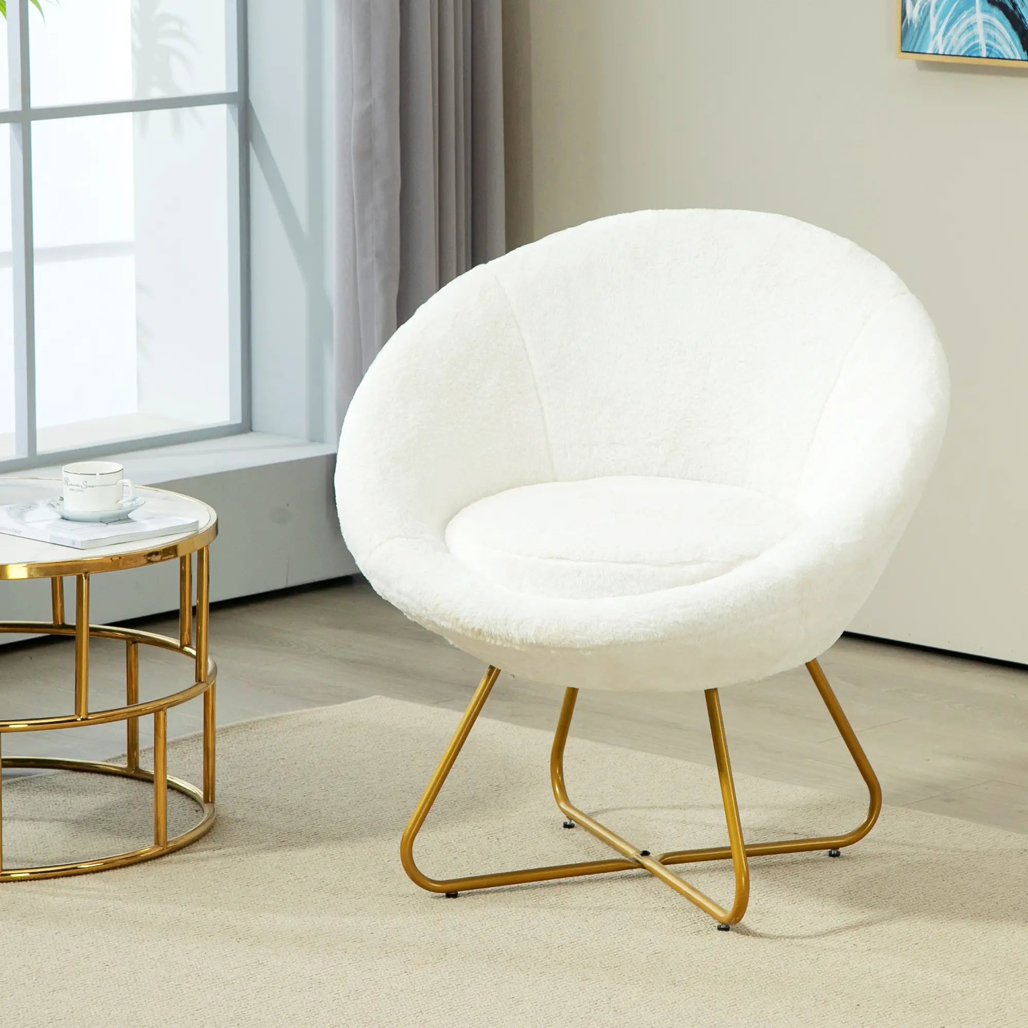 Faux Fur Accent Chair with Golden Metal Legs, Upholstered Comfy Chair with Non-Slip Footpads