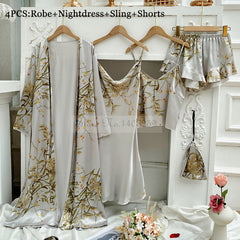 Elegant Print Flower 4PCS Pajamas Set Women Casual Silky Gown