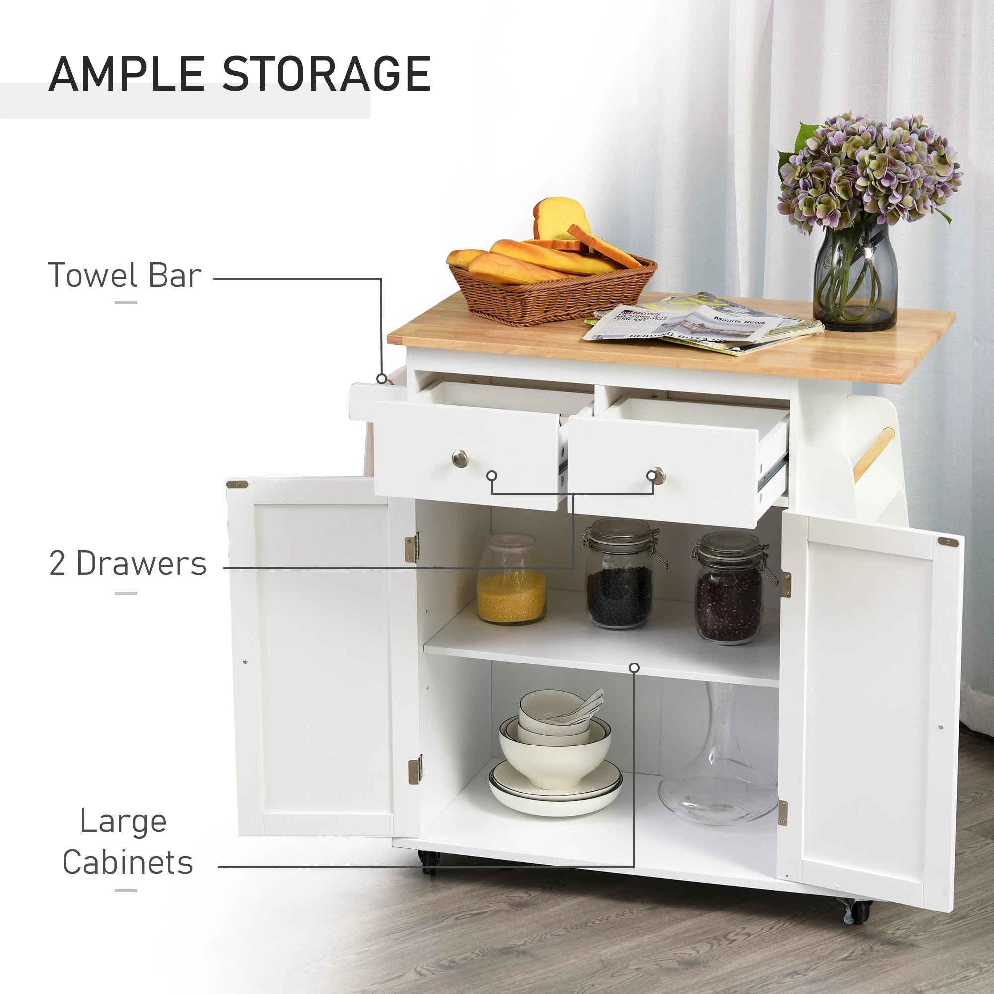 Kitchen Island Storage Cabinet Rolling Trolley with Rubber Wood Top, 3-Tier