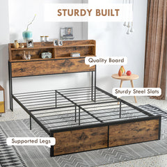 Bed Frame, 5.2FT Steel Bed Base with Storage Headboard, Footboard, Slatted Support and Under Bed Storage