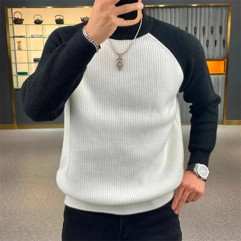 Winter Mens Sweaters Casual Warm Loose Fashion Patchwork Pullover Round Neck Knitted Shirt