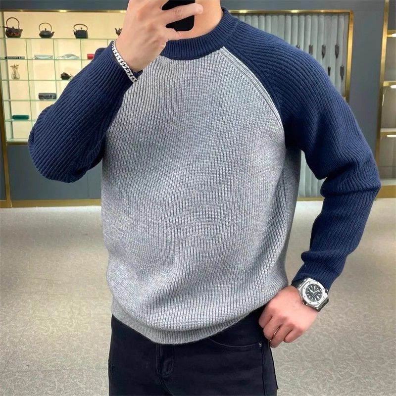 Winter Mens Sweaters Casual Warm Loose Fashion Patchwork Pullover Round Neck Knitted Shirt