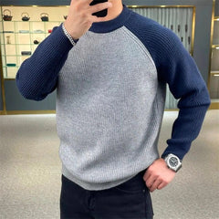 Winter Mens Sweaters Casual Warm Loose Fashion Patchwork Pullover Round Neck Knitted Shirt