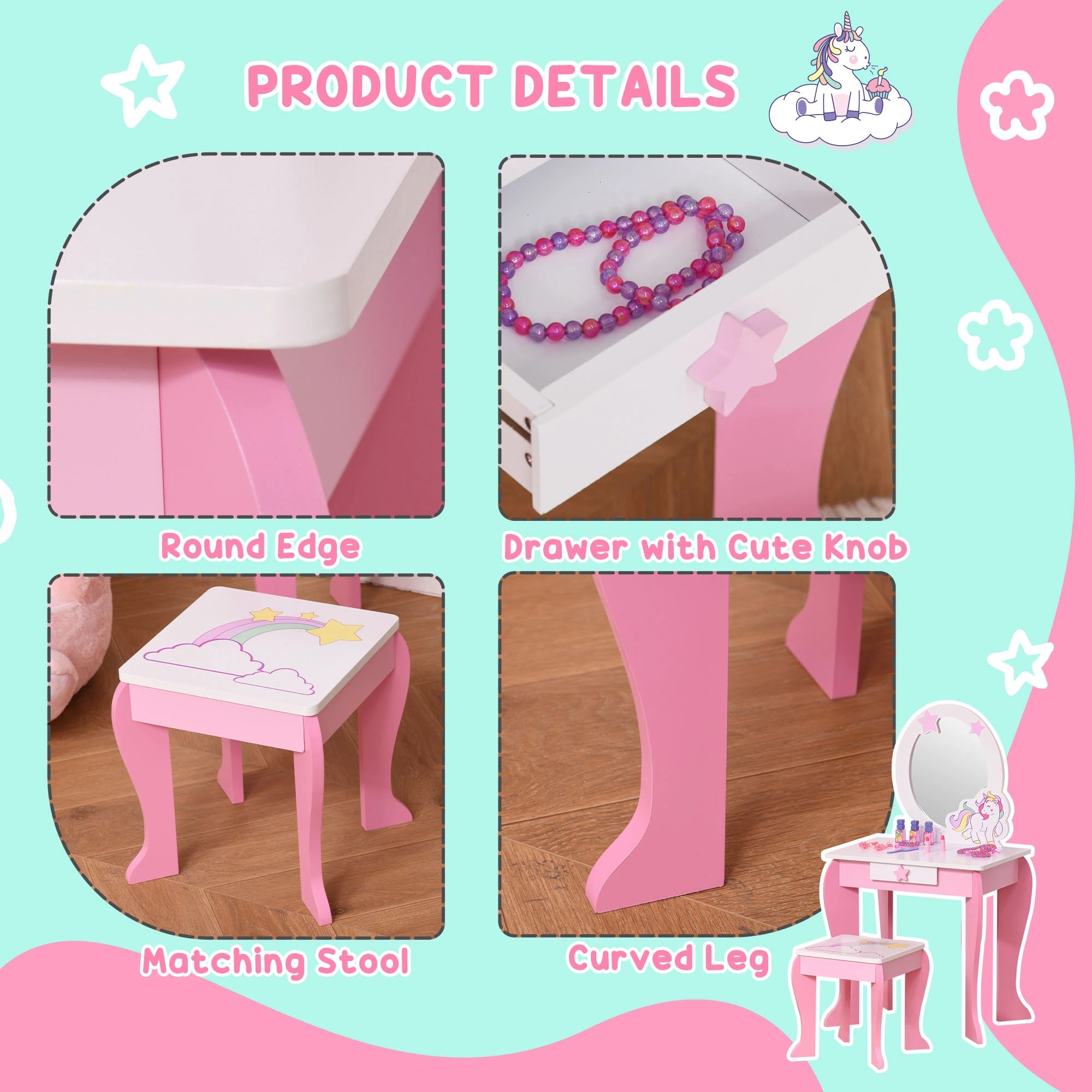 Kids Dressing Table with Mirror, Stool, Pink