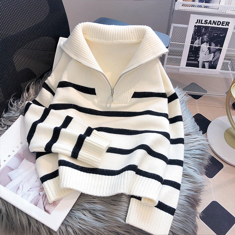 Winter Fashion Striped Zippered Lapel Long Sleeve Loose Casual Knitted Sweater