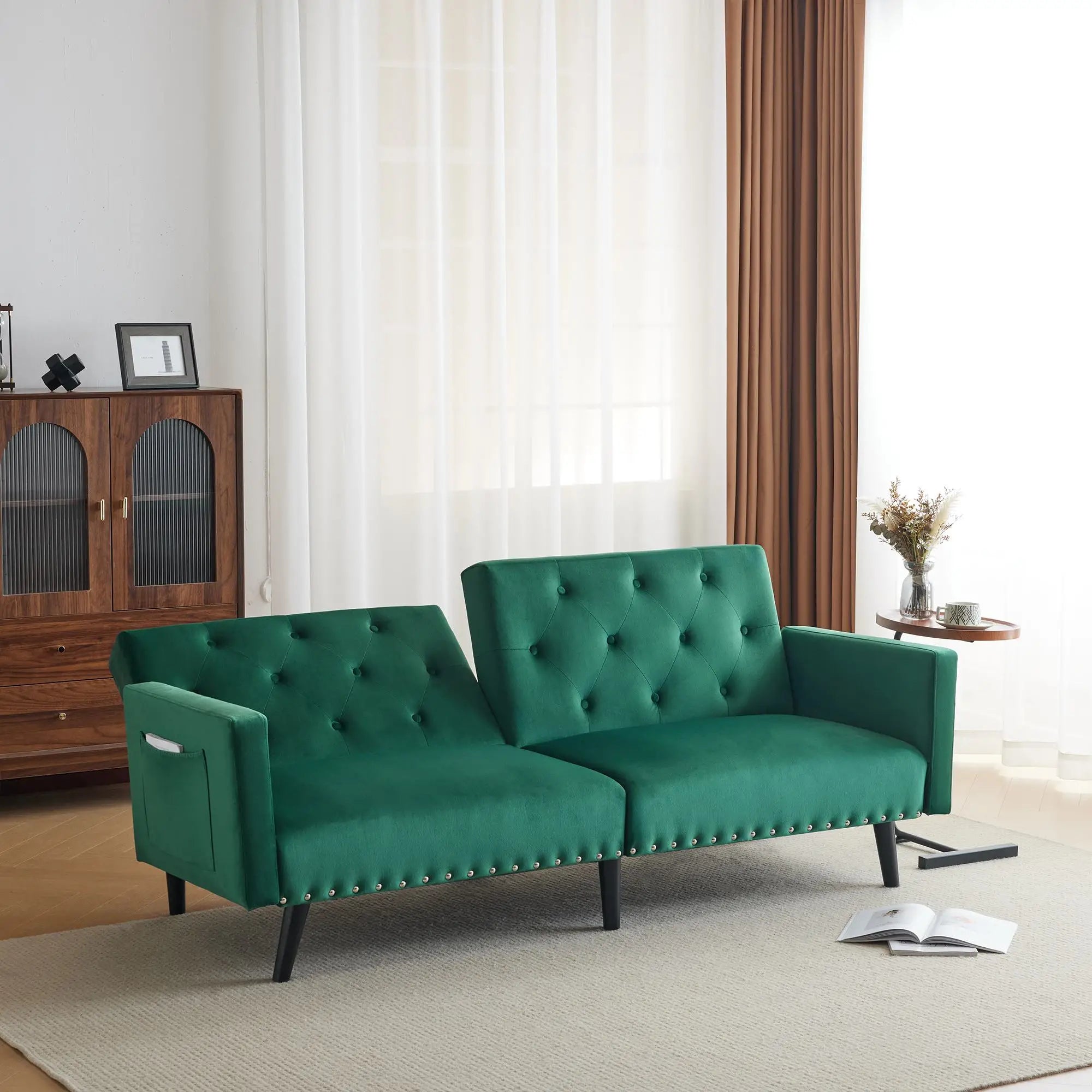 Green Velvet 2-Seater Sofa Bed with Storage Pockets, Removable Armrests, Button-Tufted Recliner Couch