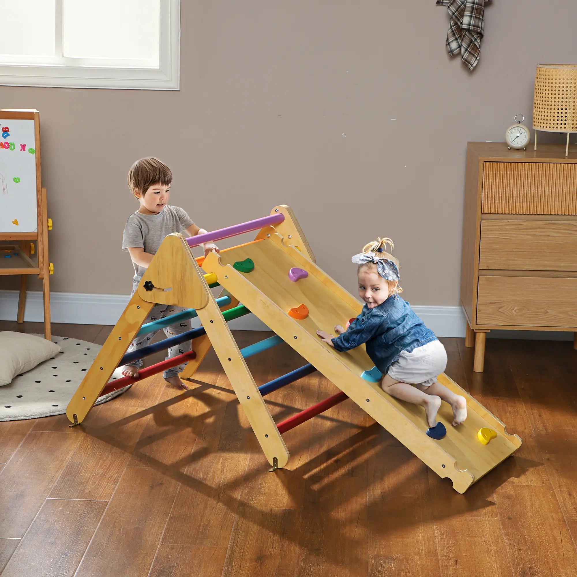 Toddler Climbing Frame for Kids with Ramp, 3 in 1 Wooden Pikler Triangle Set