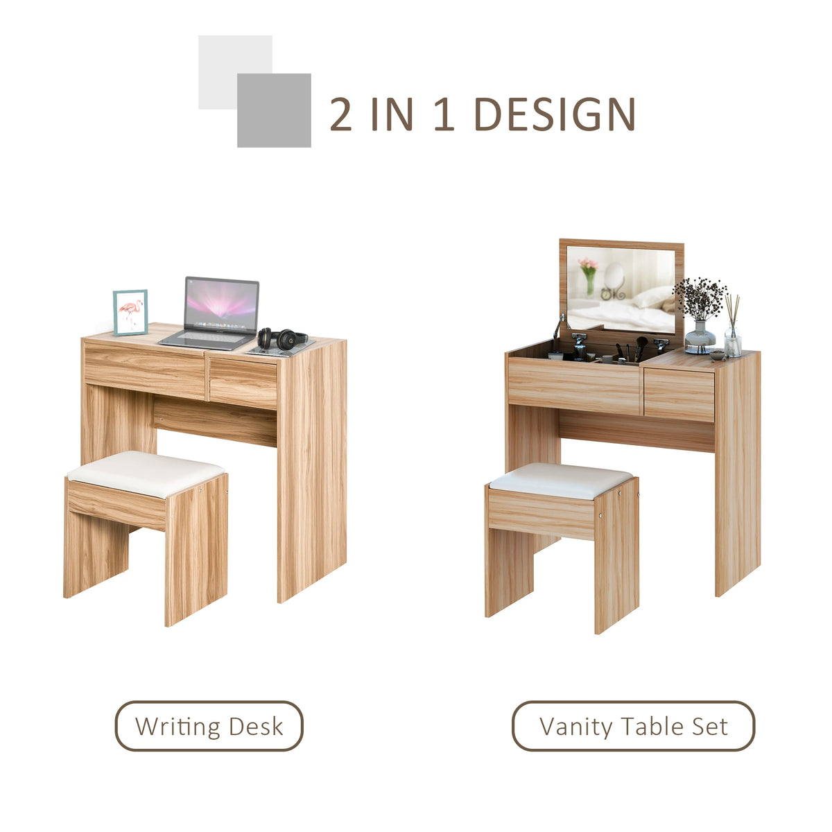 Makeup Desk with Drawer, Vanity Table Set with Flip-up Mirror and Cushioned Stool