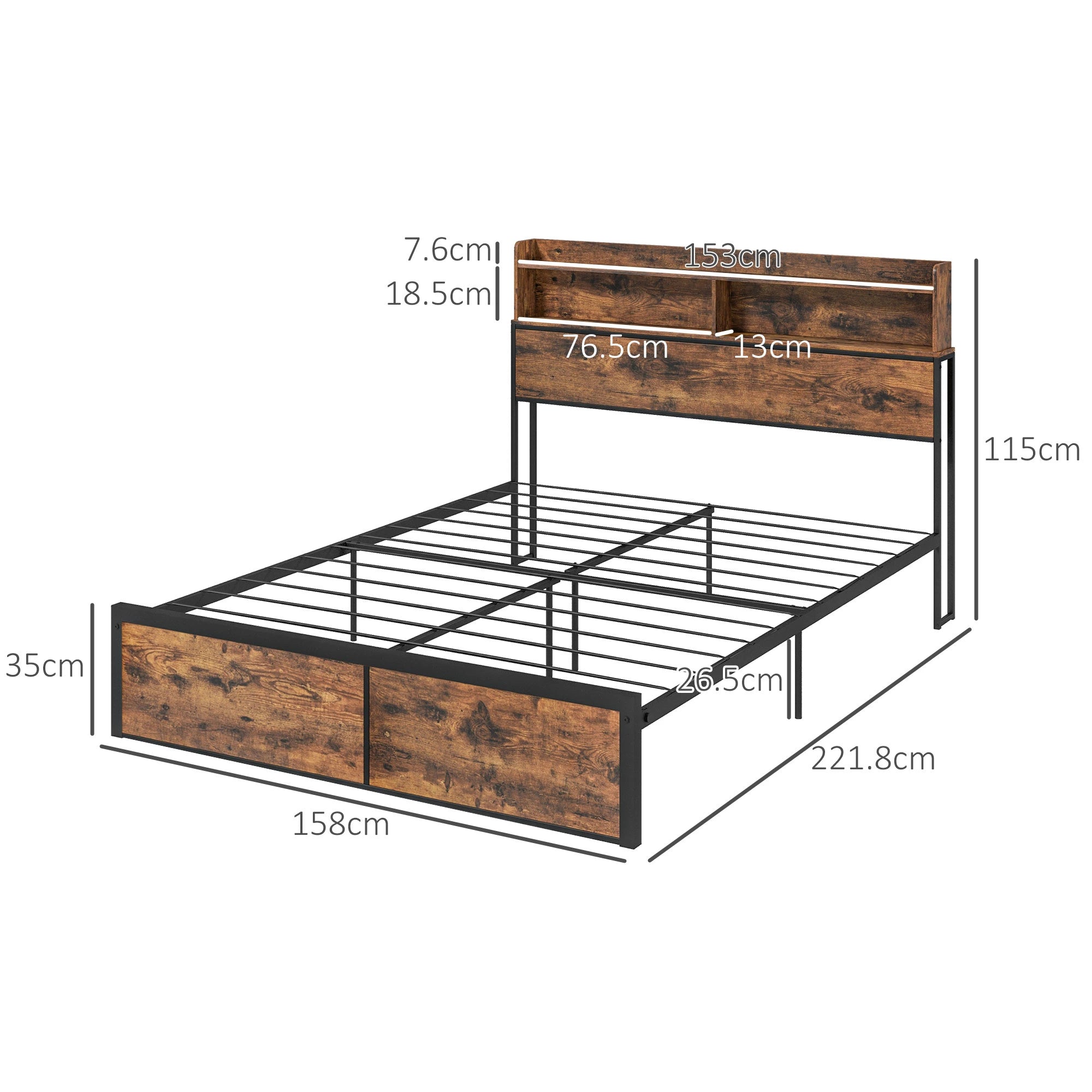 Bed Frame, 5.2FT Steel Bed Base with Storage Headboard, Footboard, Slatted Support and Under Bed Storage