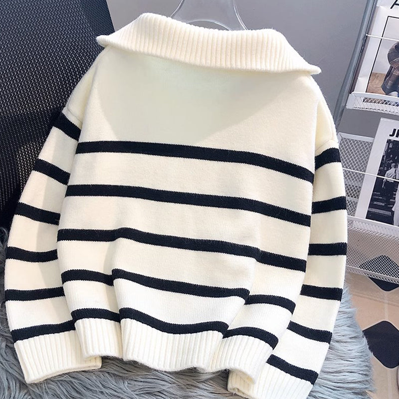 Winter Fashion Striped Zippered Lapel Long Sleeve Loose Casual Knitted Sweater