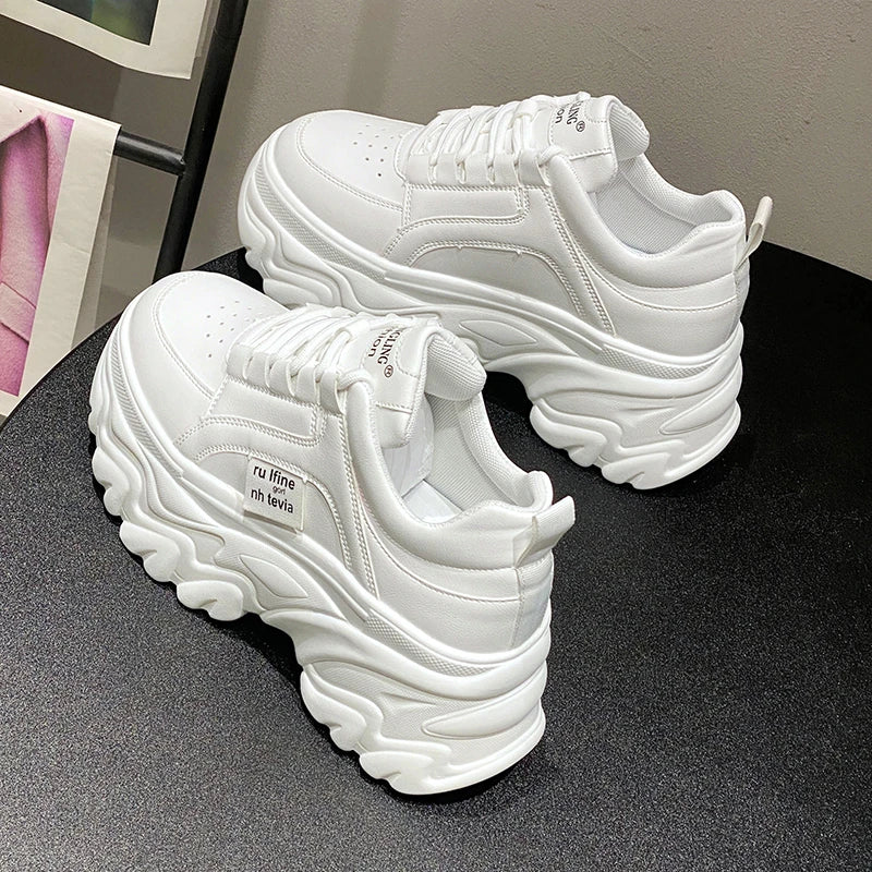 White Chunky Sneakers Spring Autumn Thick Bottom Fashion Shoes PU Leather Platform Sneakers