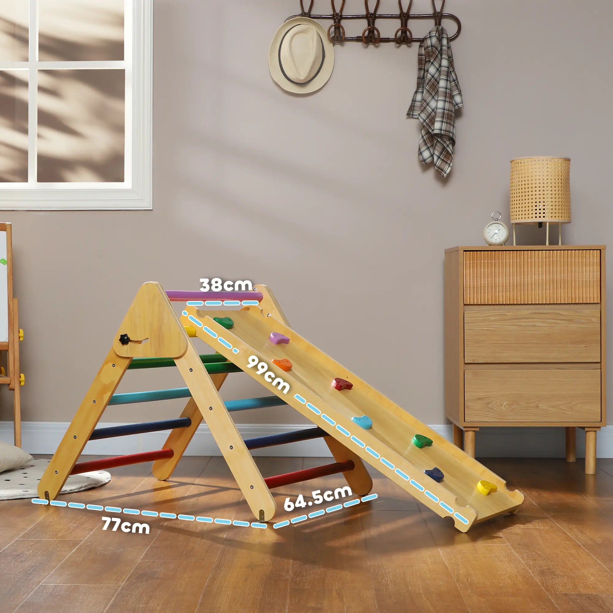 Toddler Climbing Frame for Kids with Ramp, 3 in 1 Wooden Pikler Triangle Set