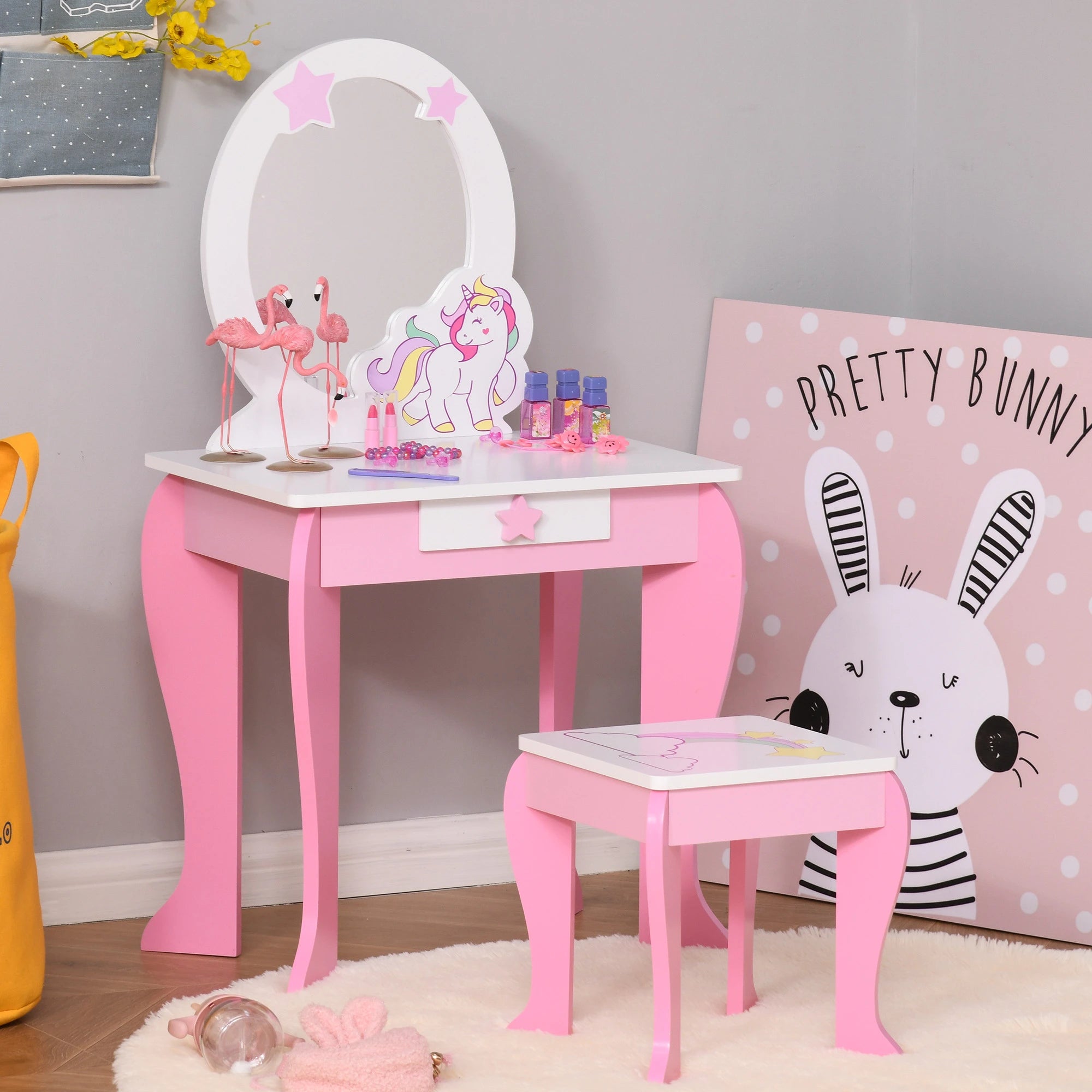 Kids Dressing Table with Mirror, Stool, Pink