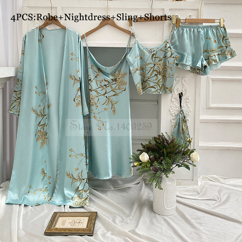 Elegant Print Flower 4PCS Pajamas Set Women Casual Silky Gown