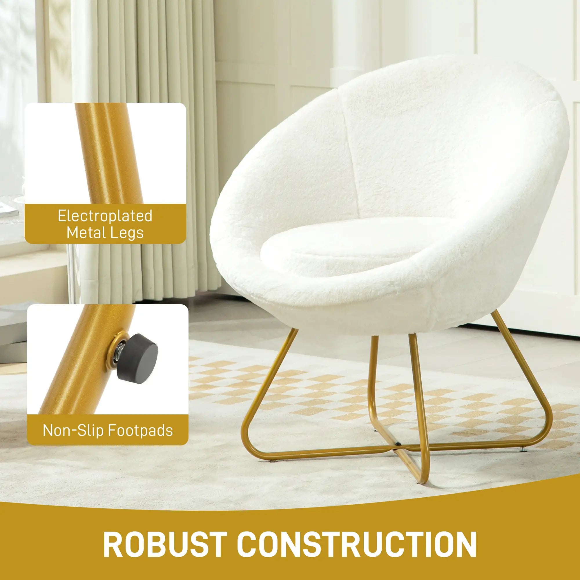 Faux Fur Accent Chair with Golden Metal Legs, Upholstered Comfy Chair with Non-Slip Footpads