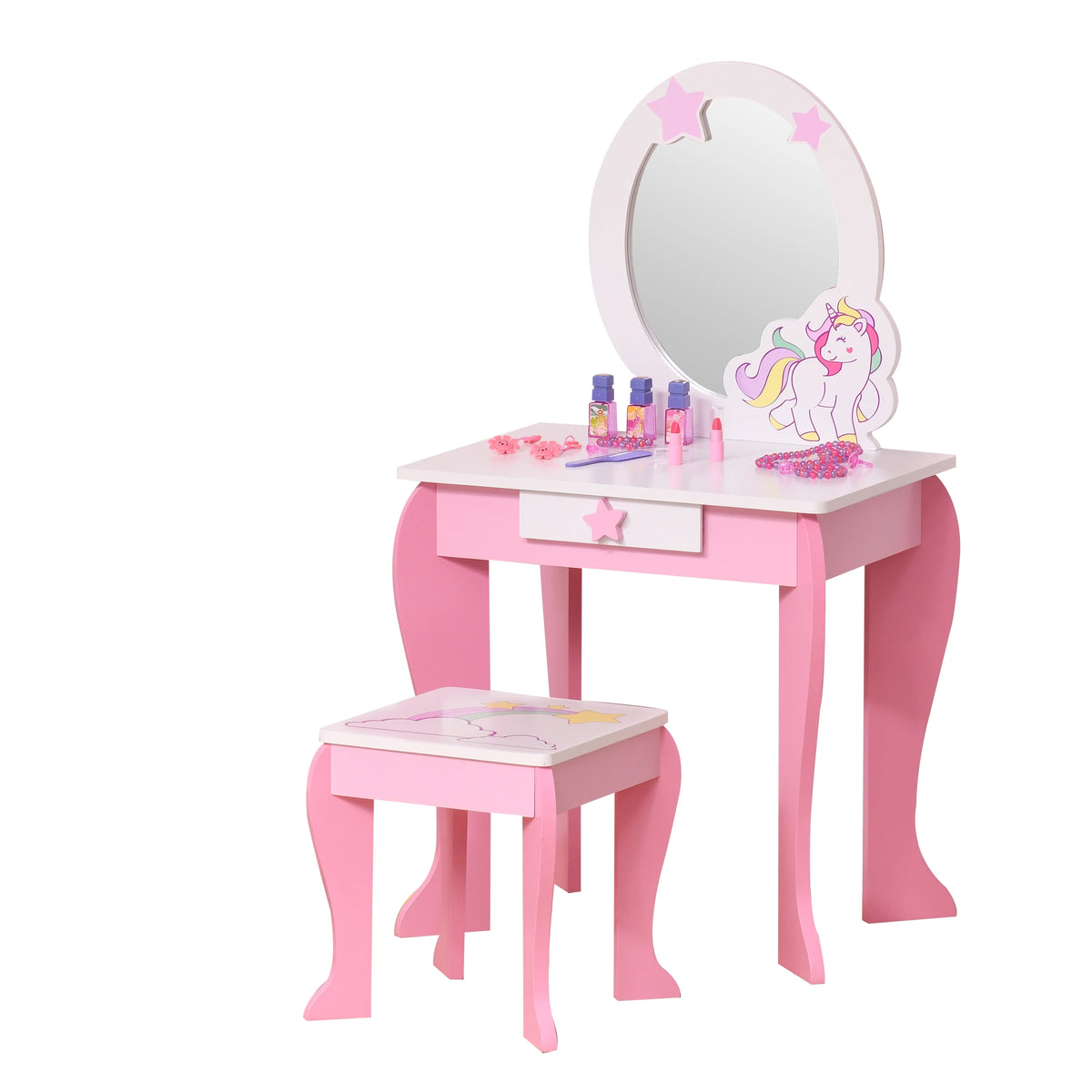 Kids Dressing Table with Mirror, Stool, Pink