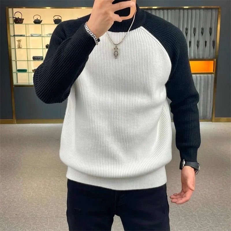 Winter Mens Sweaters Casual Warm Loose Fashion Patchwork Pullover Round Neck Knitted Shirt