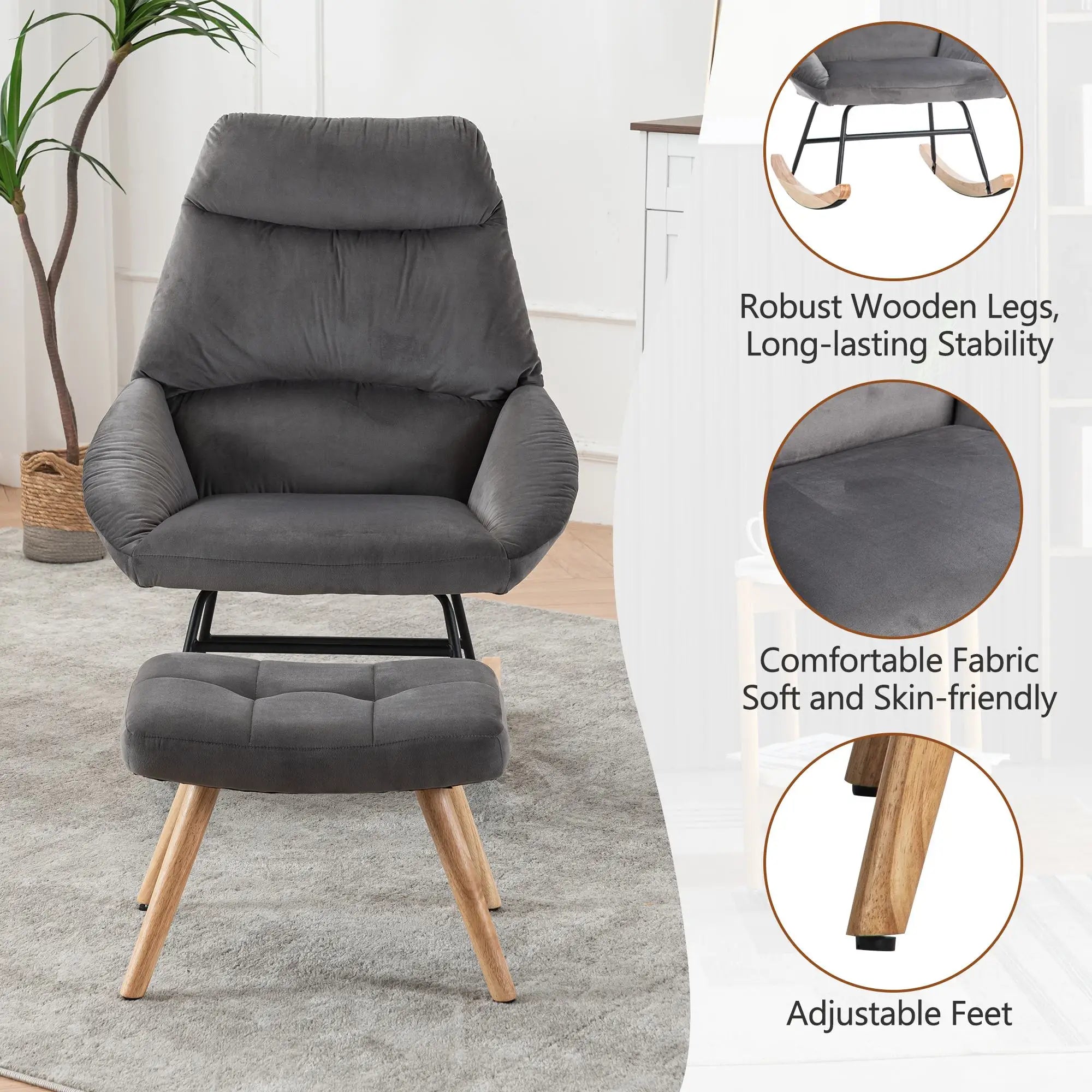 Upholstered Recliner Chair with High Back, Ottoman Footrest, Wooden Legs, Accent Armchair