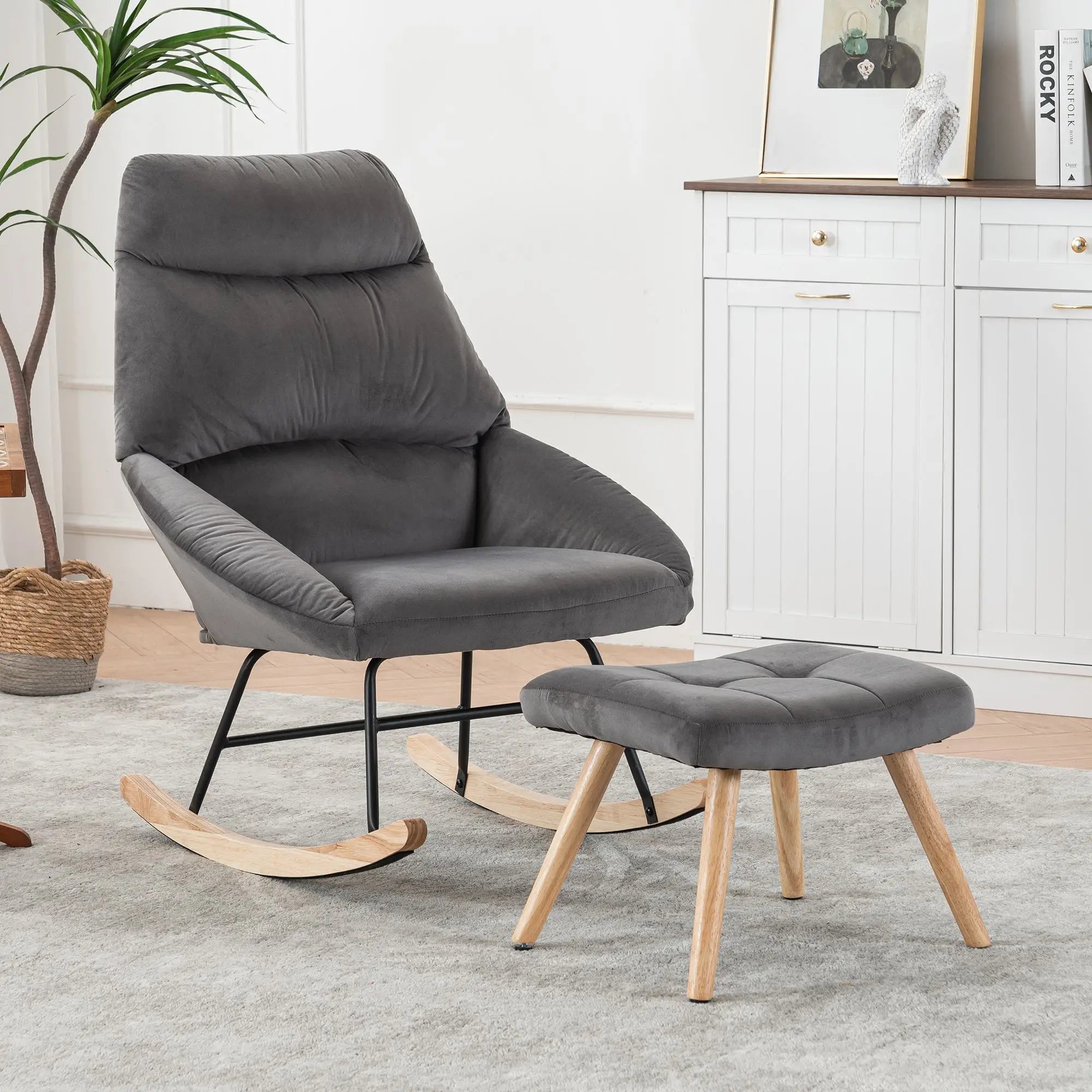 Upholstered Recliner Chair with High Back, Ottoman Footrest, Wooden Legs, Accent Armchair