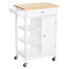 Kitchen Trolley, Kitchen Island on Wheels, w/ Wood Top, 3 Shelves and Storage Cupboard