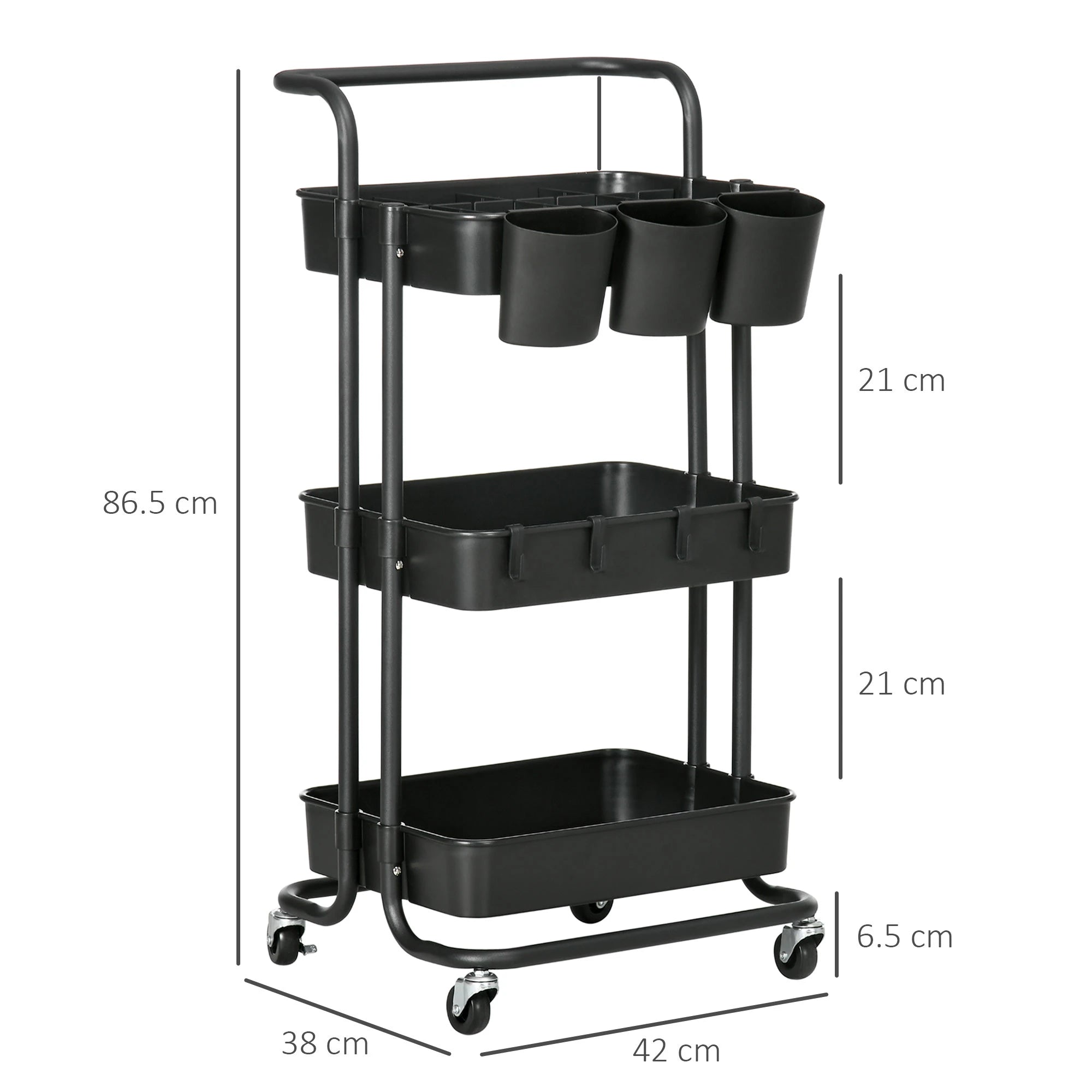 3 Tier Utility Rolling Cart, Kitchen Cart with 3 Removable Mesh Baskets, 3 Hanging Box, 4 Hooks and Dividers