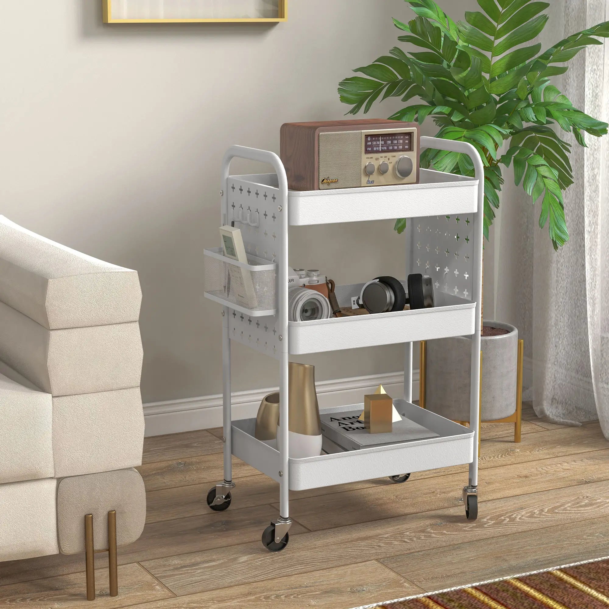 Storage Trolley on Wheels, Rolling Utility Serving Cart with 3 Mesh Baskets, 2 Hanging Boxes and 6 Hooks