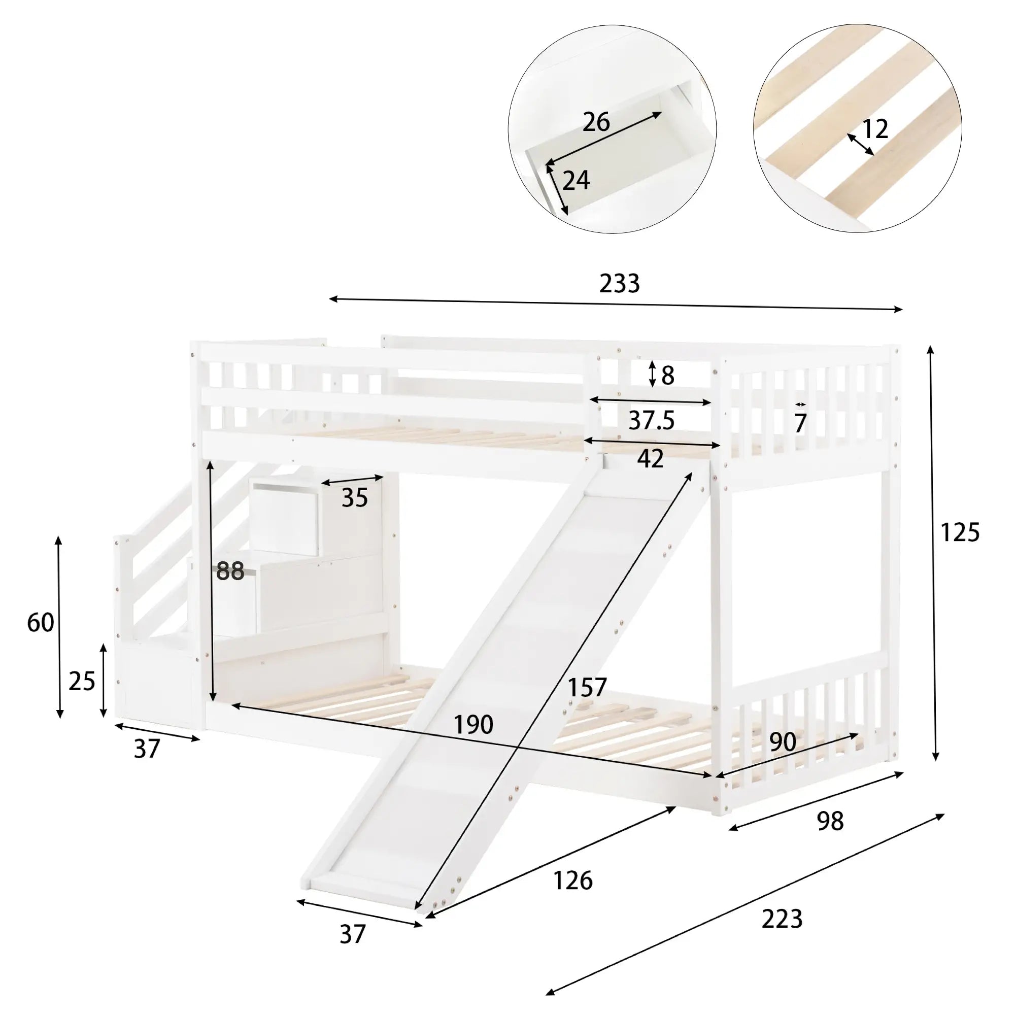 Bunk Bed with Stairs and Slide, Solid Pine Wood Frame, Kids Storage Bed with 2 Drawers