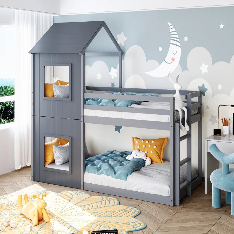 Wooden Mid Sleeper Beds with Treehouse Canopy, Ladder and Guard Rail, Bunk Beds