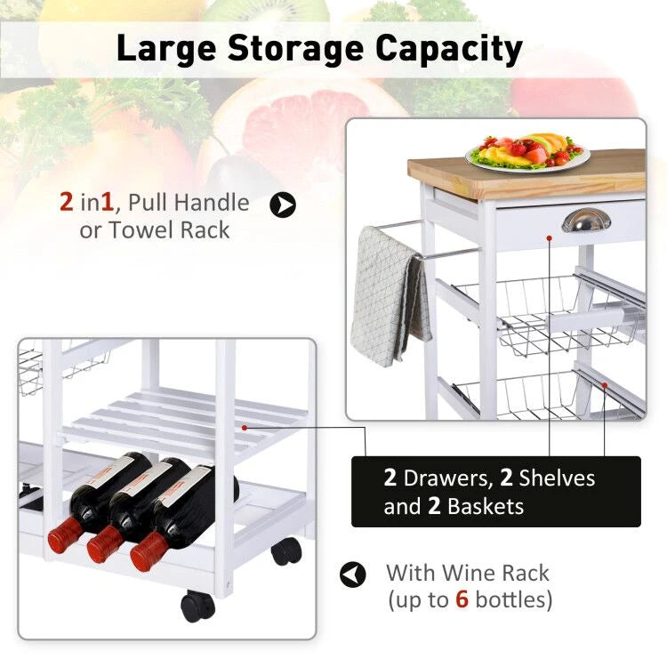 Rolling Kitchen Island Trolley Cart Drawer Shelves Basket Wheels