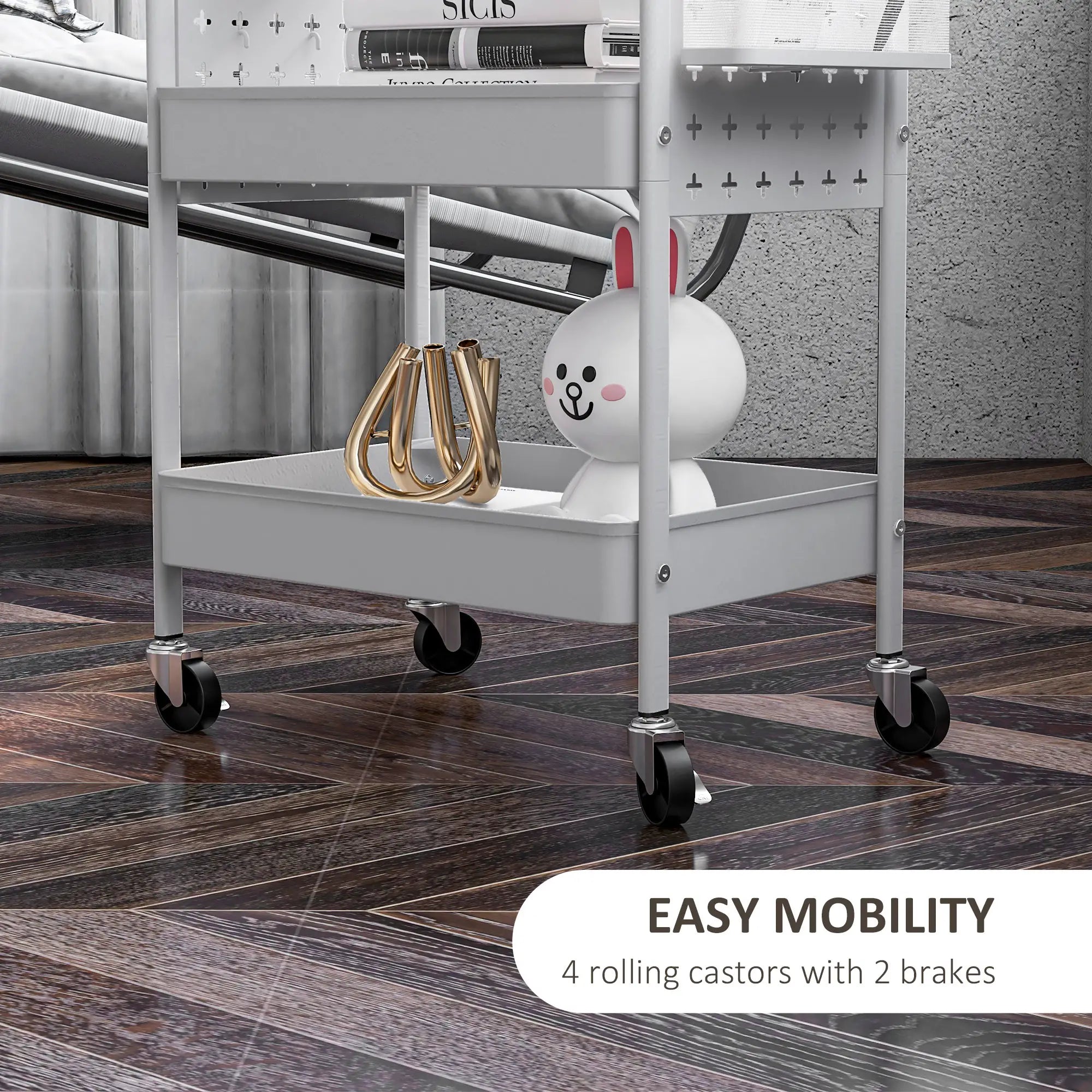 Storage Trolley on Wheels, Rolling Utility Serving Cart with 3 Mesh Baskets, 2 Hanging Boxes and 6 Hooks