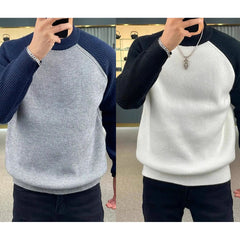 Winter Mens Sweaters Casual Warm Loose Fashion Patchwork Pullover Round Neck Knitted Shirt