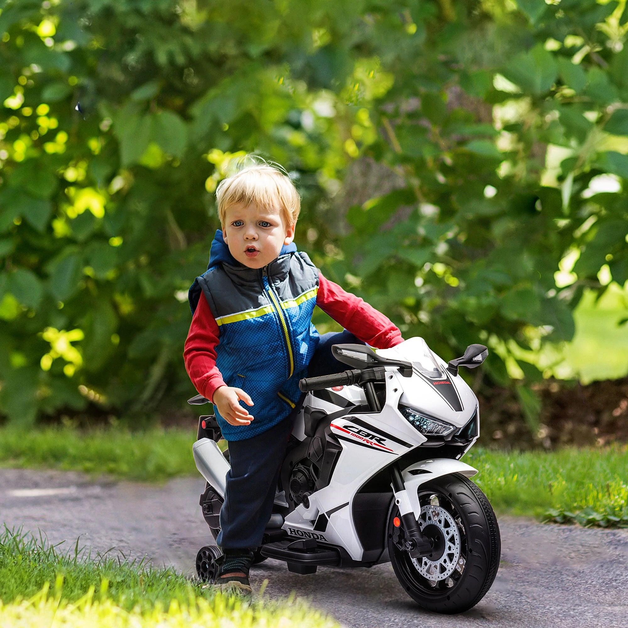 6V Honda Licensed Kids Motorcycle w/ Music, Training Wheels - White