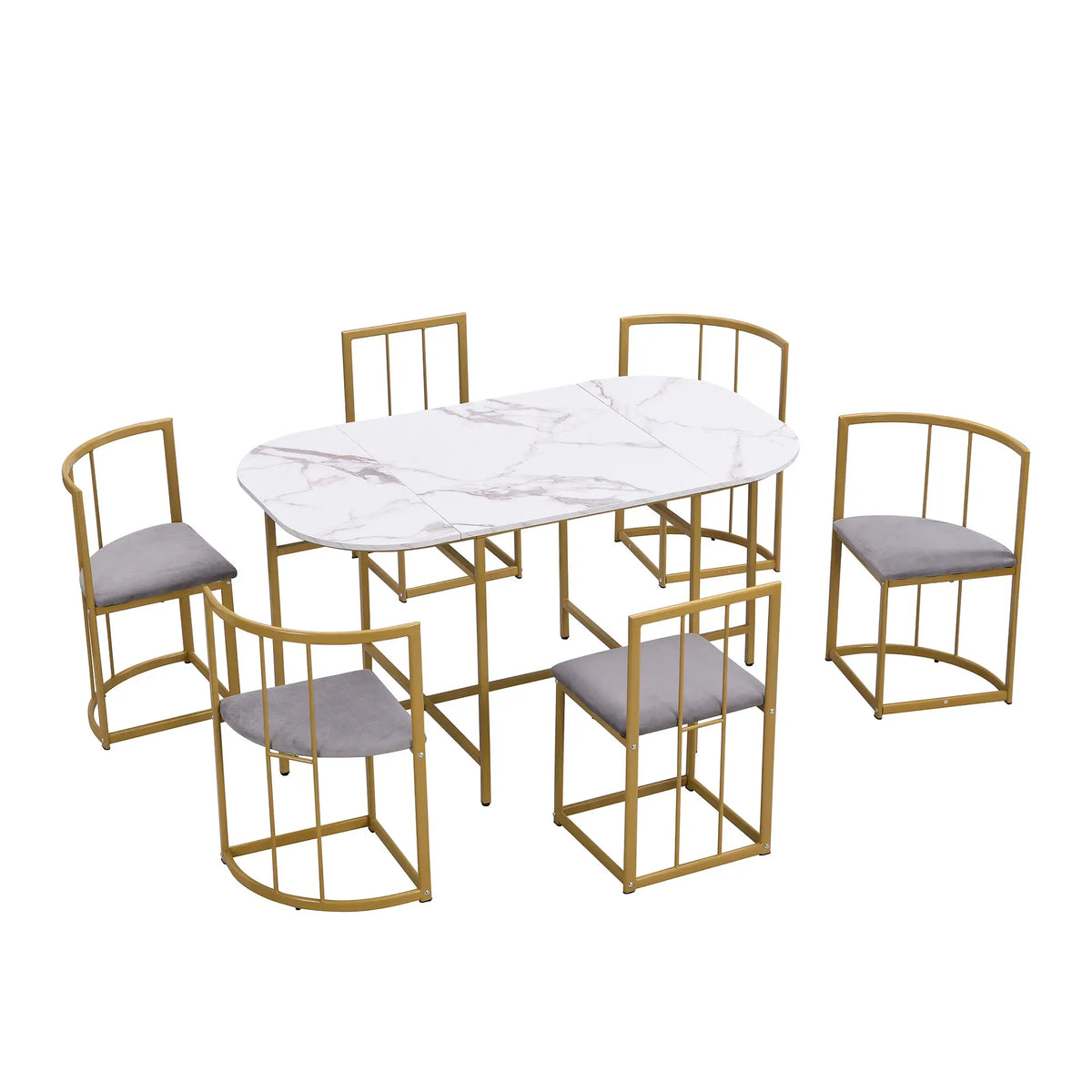 Six-chair dining table set, featuring a sleek white table and chairs with backrests upholstered in grey velour