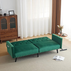 Green Velvet 2-Seater Sofa Bed with Storage Pockets, Removable Armrests, Button-Tufted Recliner Couch