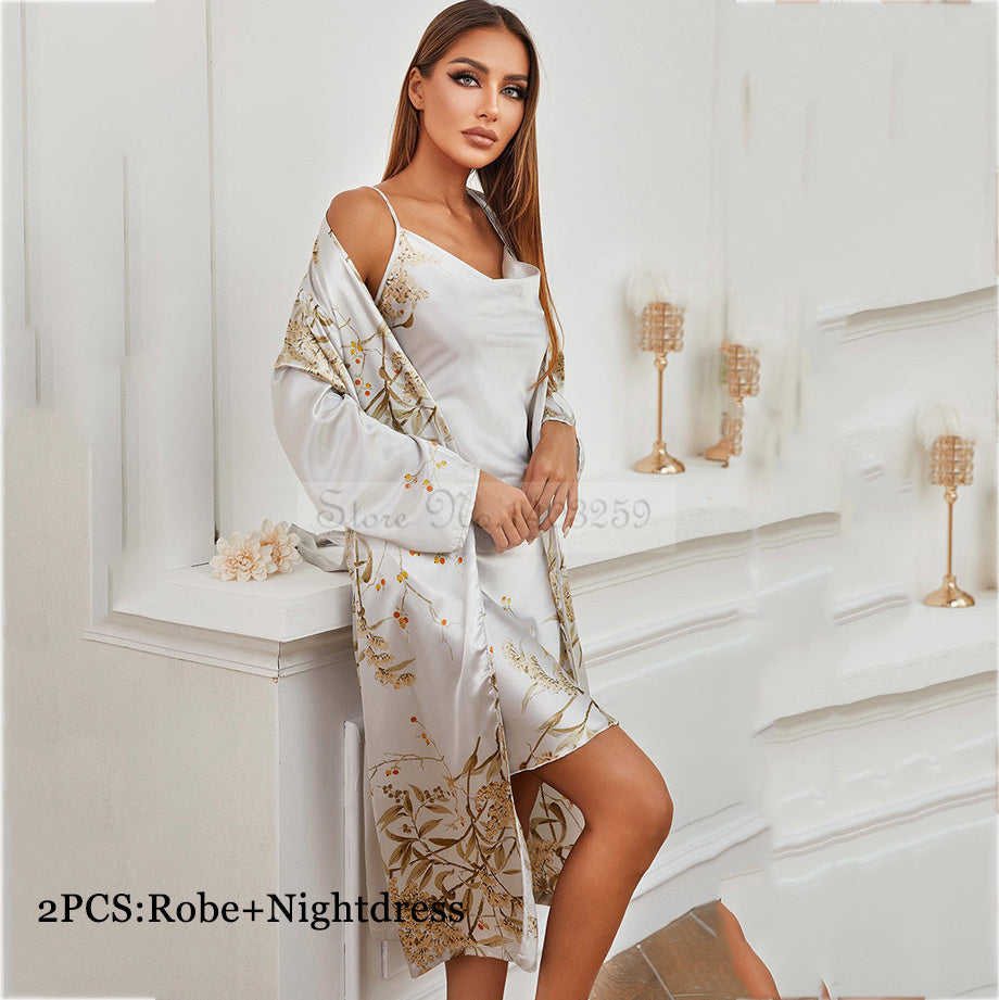 Elegant Print Flower 4PCS Pajamas Set Women Casual Silky Gown