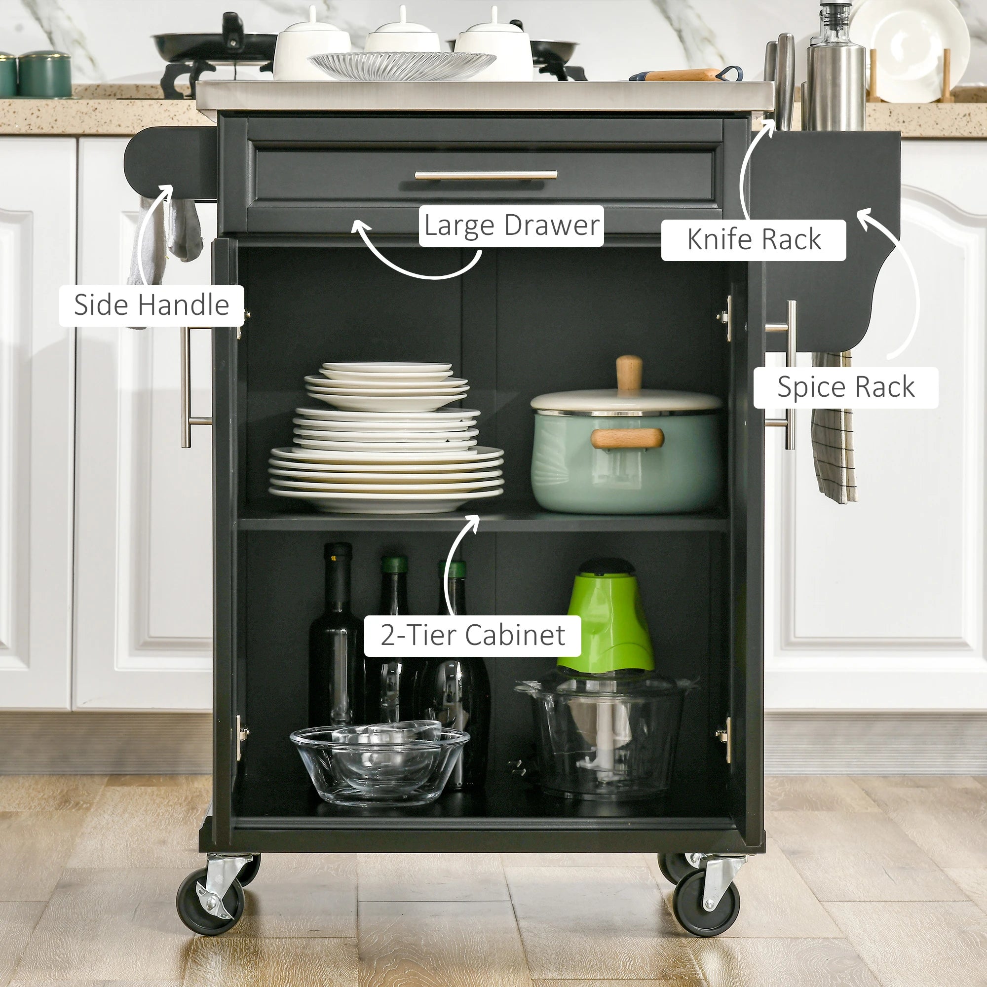 Wooden Kitchen Island on Wheels, Serving Cart Storage Trolley with Stainless Steel Top