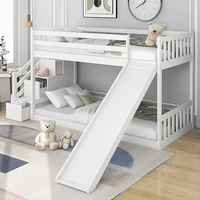 Bunk Bed with Stairs and Slide, Solid Pine Wood Frame, Kids Storage Bed with 2 Drawers