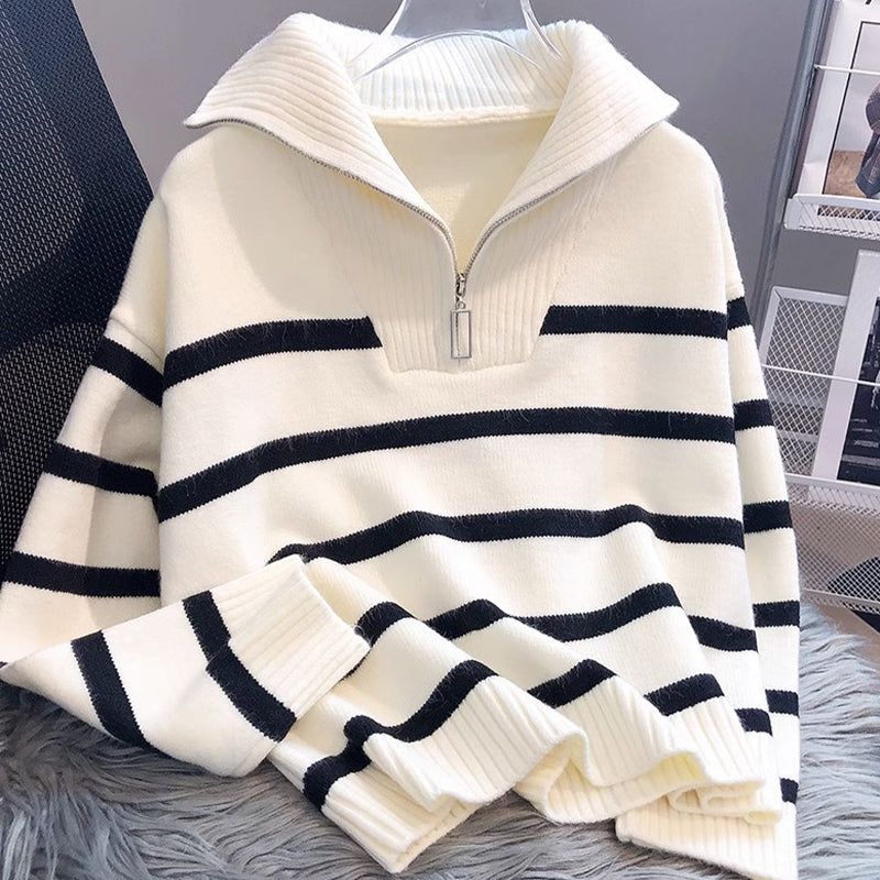 Winter Fashion Striped Zippered Lapel Long Sleeve Loose Casual Knitted Sweater