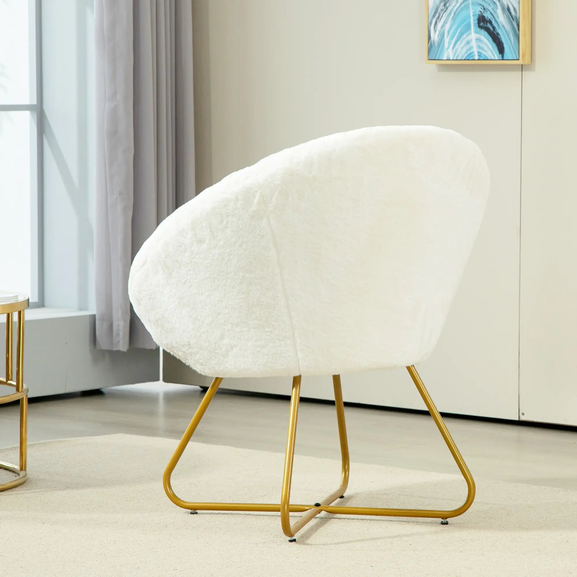 Faux Fur Accent Chair with Golden Metal Legs, Upholstered Comfy Chair with Non-Slip Footpads