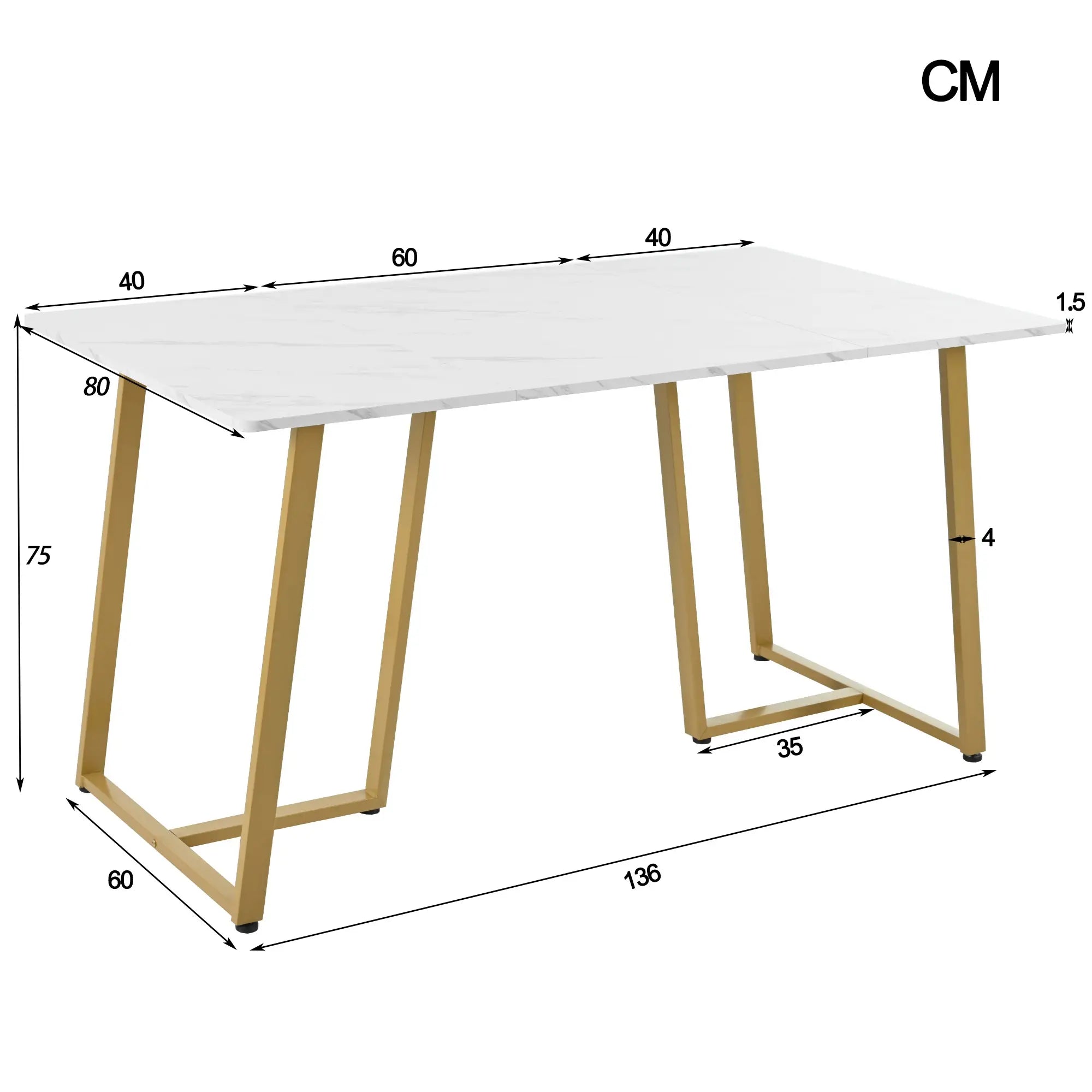 Fodable Dining Table with Marble Pattern, Adjustable Metal Legs, Rectangular Kitchen Table