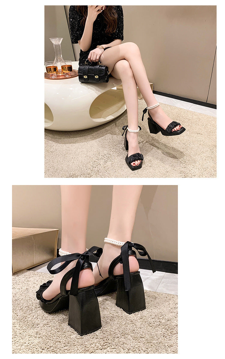 Fairy Style Fashion Square Toe Lace Elegant Pearl Party Wedding High Heels