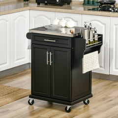 Wooden Kitchen Island on Wheels, Serving Cart Storage Trolley with Stainless Steel Top